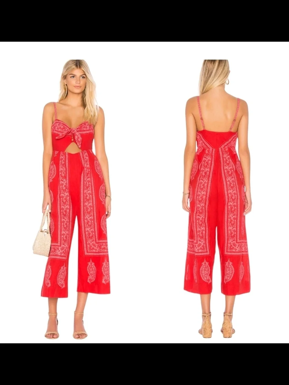 Free People Feel The Sun Red Paisley Jumpsuit Linen Blend / Size 10